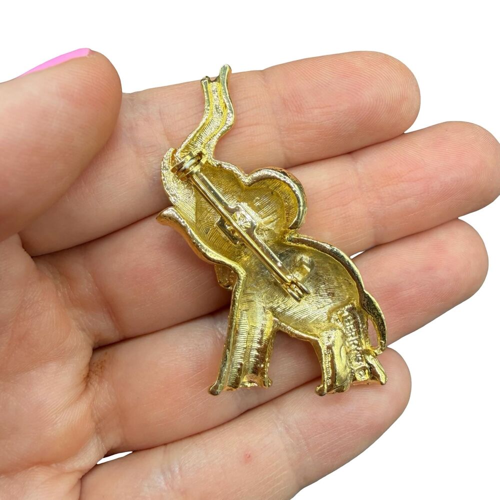 Vintage Gold Tone Elephant Brooch Elephant Pin Elephant with Trunk Up - Picture 2 of 2